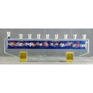  Judaica SB GMEN JM46 Gala Blue Glass Menorah