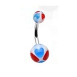   Navel Ring with Blue and Red Uv Heart Print Balls 