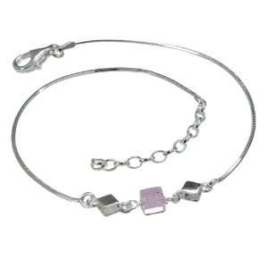   Sterling Silver Anklet pink Crystal Dice Square 9 up to 11 Inch FRW