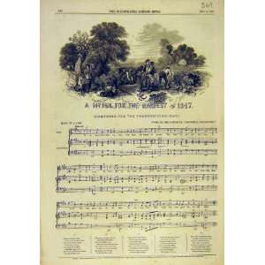  1847 Hymn Harvest Music Score Song Sheet Old Print