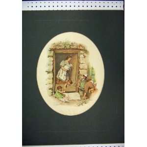  Hand Coloured Print Woman Sitting Bucket Country Scene 