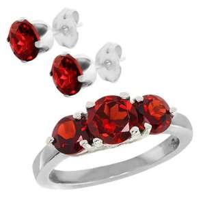   Stone Red Garnet .925 Sterling Silver Ring (Ring2.26Ct Studs2.00Ct