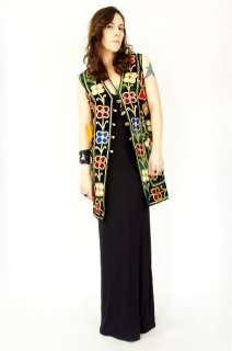 Vtg 70s VELVET Embroidered PATCHWORK Gypsy Hippie METALLIC Dress 