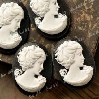 Black White Resin Oval Lady Girl Vintage Cabochon Cameo 38x28mm 