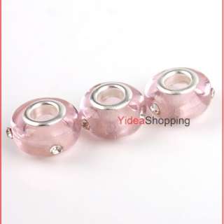 15x Pink Glass with Rhinestone bead Fit Bracelet P1605  