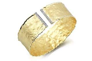 14K GOLD MATTE AND HAMMERED FINISH CUFF BRACELET ENHANCED WITH PAVE 