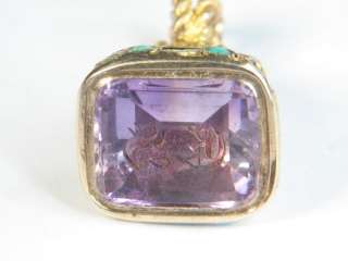ANTIQUE ENGLISH 15K GOLD TURQUOISE AMETHYST SEAL FOB  