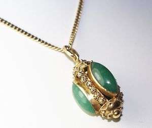 Antique Etruscan 18KT Y Gold Green Stone Pendant Chain  