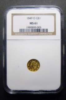 1849 O Coronet Gold $1 Dollar MS61 NGC  