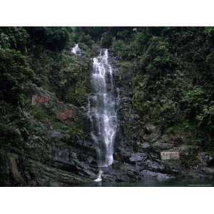 Waterfall Cascading Down Rock Face in Subtropical Rainforest Premium 