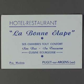 1940 Biz Card Bonne Etape Hotel Puget sur Argens France  