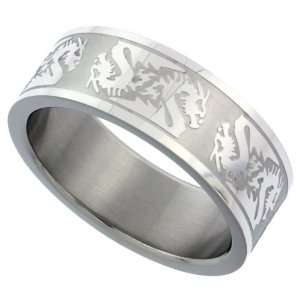 Surgical Steel Flat 8mm Wedding Band Ring Laser Etched Dragon Pattern 