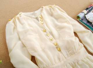 Elegant Chiffon 3/4 Sleeves Trimmed Buttons Ruffles Dress S M L  