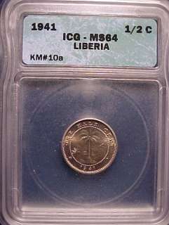 1941 Liberia 1/2 Cent   ICG MS64 UNC, Elephant  