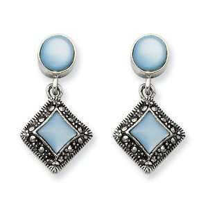  Sterling Silver Blue Shell Marcasite Earrings Jewelry