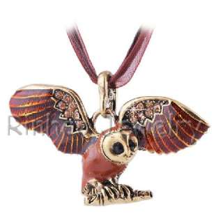 6p Owl Enamel&Rhinestone Golden Vtg Pendants+Silk Cords  