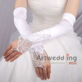 11 White Satin Lace Pearl Wedding Party Bridal Opera long Fingerless 