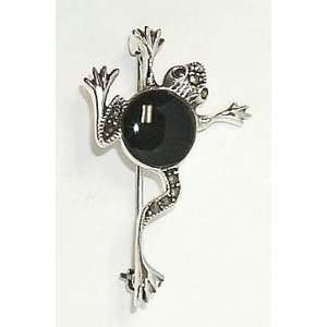    Sterling Silver Marcasite Black Onyx FROG Pin Brooch Jewelry
