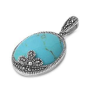   925 Sterling Silver Genuine Turquoise witn Marcasite Pendant Jewelry