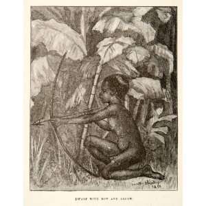  1890 Wood Engraving Pygmy Dwarf Bow Arrow Hunt Jungle 
