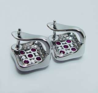 Ruby Diamond Earrings 18K White Gold French Euro Lock  