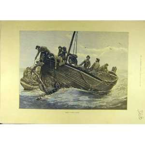  1885 Fishing Lost Achors Boat Reclaim Sea Old Print
