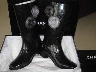 Auth CHANEL 09P Blk Camellia Rain Boots Shoes 40 US9  