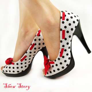   New Womens White Peep Toe Black Polka Dots Bow Platform Shoes