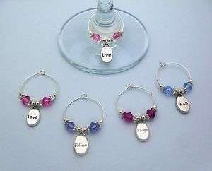   CRYSTAL WORD WINE GLASS CHARM RINGS LIVE LAUGH LOVE BELIEVE WISH
