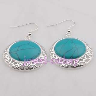 Gorgeous Hollow out Silver Plated & Turquoise Bead Dangle Earrings
