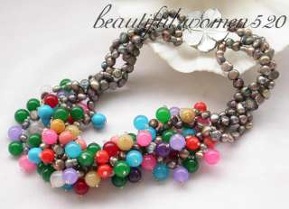 4row 19 black baroque pearl multicolor jade bead necklace . I 