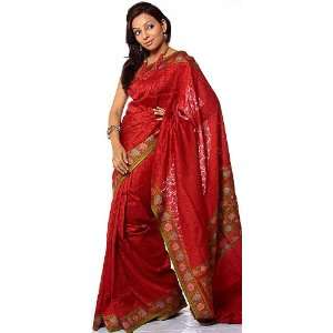 Red Handwoven Brocade Sari from Banaras with All Over Weave in Self 