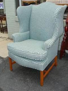 Wingback Chair in Green and White Checked Upholstery  
