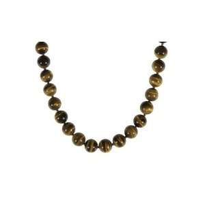 Genuine Tiger Eye Stone Bead Ball Necklace 14mm Sterling Silver Clasp 