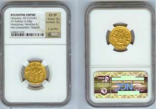 610   641 AD BYZANTINE SOLIDUS NGC CH VF HERACLIUS 3 EMPERORS  