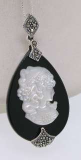 Marcasite St Silver Black Onyx & Mother of Pearl Cameo  