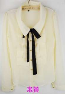 wholesale Contrastcolor Bowknot Chest Long Sleeve Blouse Beige