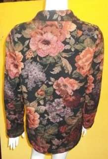 Susan Graver jacket M 10 12 rayon cotton black floral tapestry print 