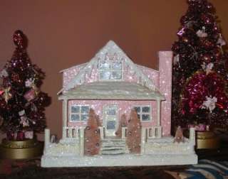 Med Pink Cottage Lighted Putz Christmas House Paper Mache  