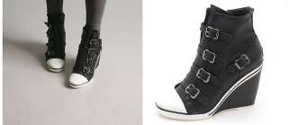 Womens Black Buckle Sneakers Wedge Heel Shoes US 5~8  