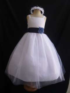 New WHITE NAVY BLUE Wedding Flower girl dress 2   12  