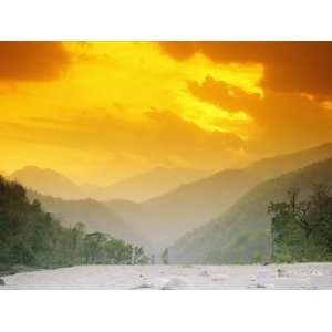  Sunset with Mountains and Trees over the Karnali River in Nepal 