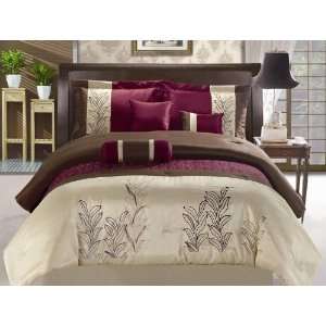  Burgundy and Tan Embroidered Bed in a Bag Bedding Set