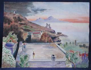 WATERCOLOR PAINTING c1940 MEDITERRANEAN SEA TERRACE DANCING  