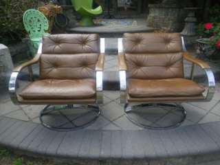 PAIR OUTSTANDING MID CENTURY WARREN PLATNER LEATHER AND CHROME LOUNGE 