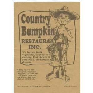    Country Bumpkin Menu Ringgold Georgia 1970s 