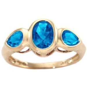  14K Yellow Gold Oval and Pear Gemstone Ring Swiss Blue 