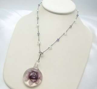 Encased Glass Pendant 17 Necklace Crystals Purple & White Flower 