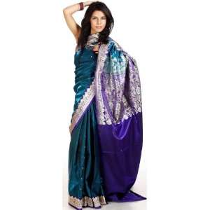  Blue Sari with Woven Flowers on Anchal   Satin Silk 