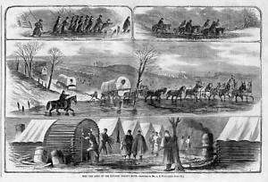 ARMY OF THE POTOMAC STUCK IN MUD, WAGONS, TENTS, HORSES  
